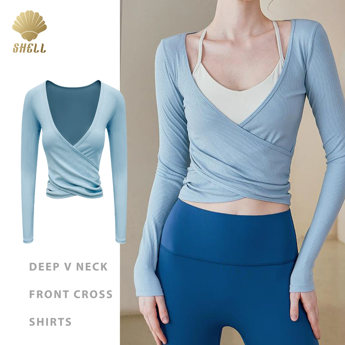 Casual Fitness Gym Sports Outfit Front Cross Cover Up Deep V Neck Workout Breathable Long Sleeve Yoga Top