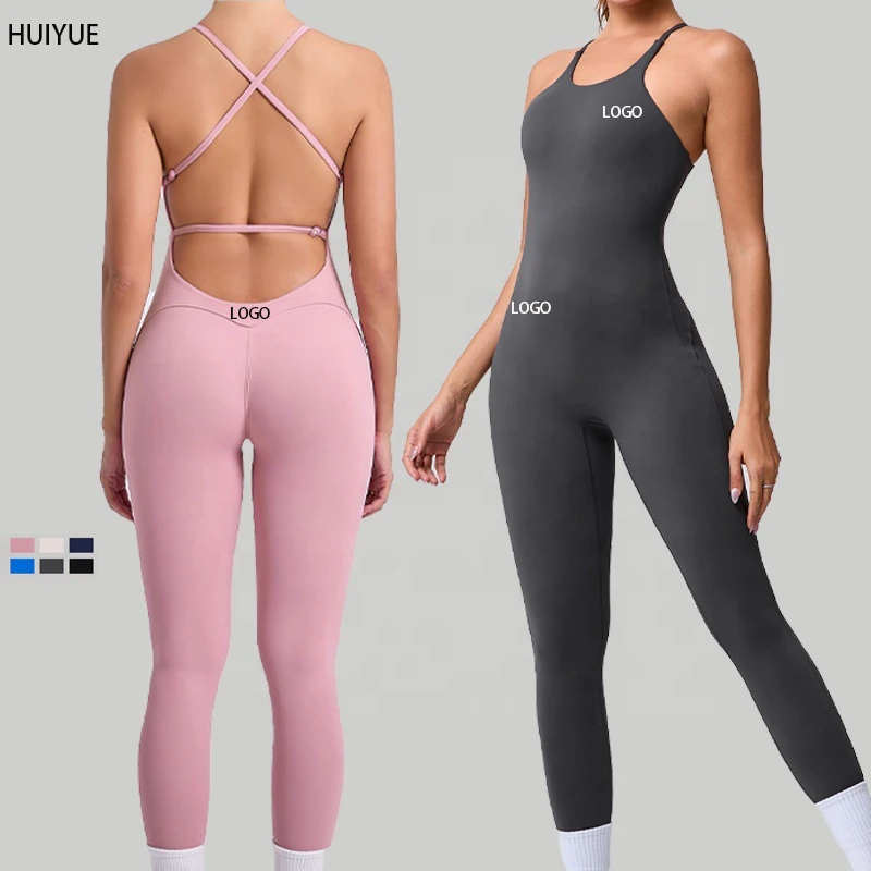 Ladies Custom Logo Cross Back Bodysuit One Piece Push up Yoga Jumpsuit Adjustable Shoulder Straps Workout Clothes