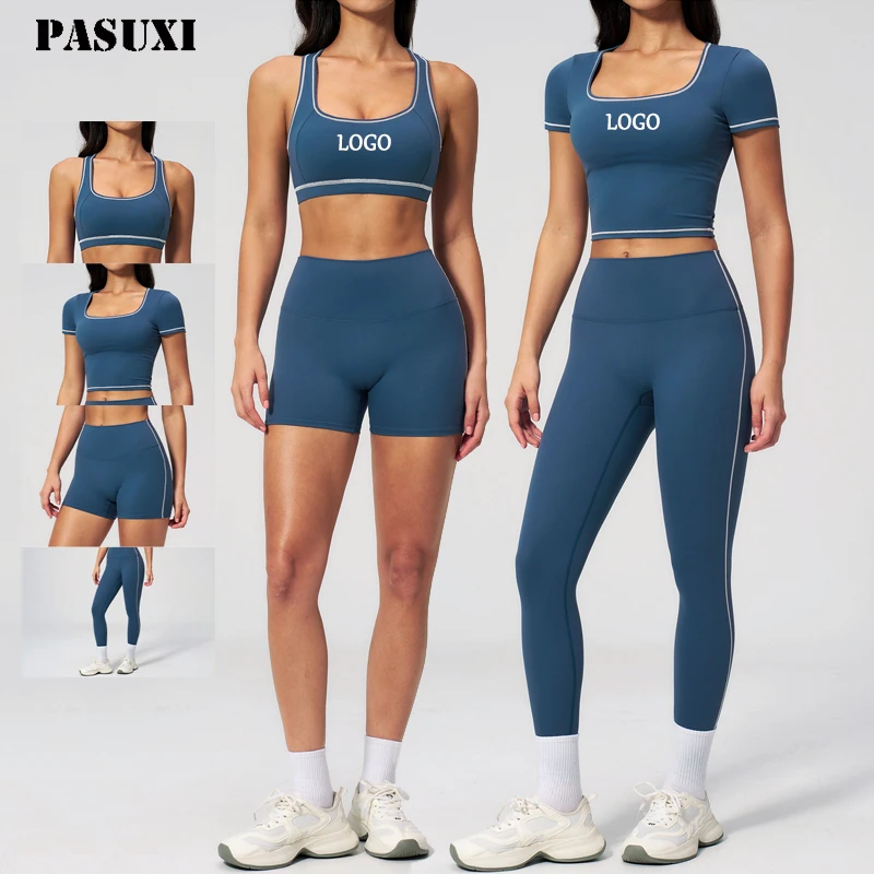 PASUXI Custom Sports Yoga Suit Set For Women Breathable Solid Pattern Workout Leggings And Bra For Outdoor Gym Fitness Wear