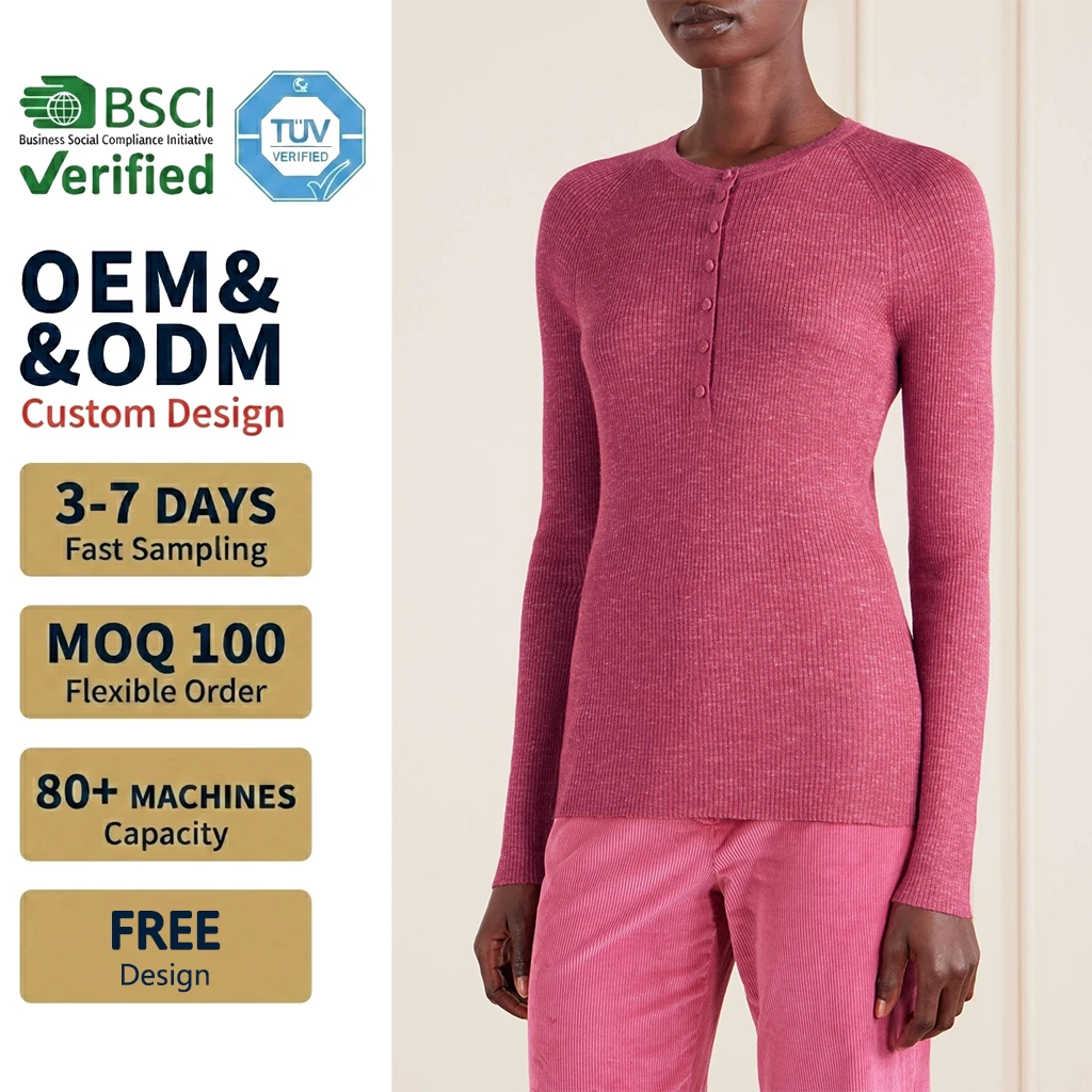 Women Striped Winter Casual Henley Knit Wool/Acrylic Top OEM Factory Custom Ribbed Long Sleeve Raglan Extended Shirt Wholesale