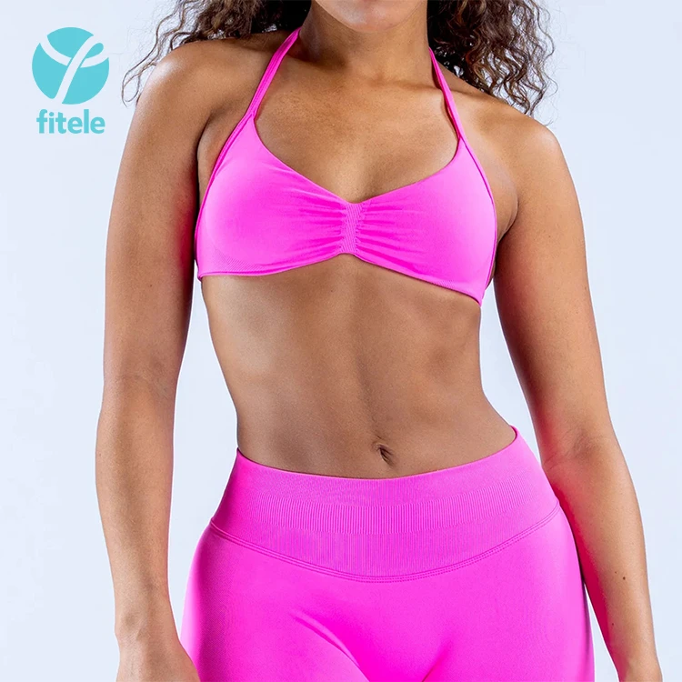Wholesale Seamless Halter Sports Bra Girls Front Folds Quick Dry High Quality V-neck Fitness Yoga Bra Running Gym Wear High