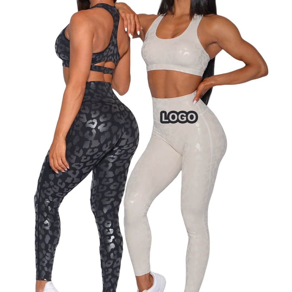 Custom Logo High Waist Butt Lift Yoga Leggings Two Pieces Activewear Sets Women Leopard Gym Yoga Sport Fitness Wear Set