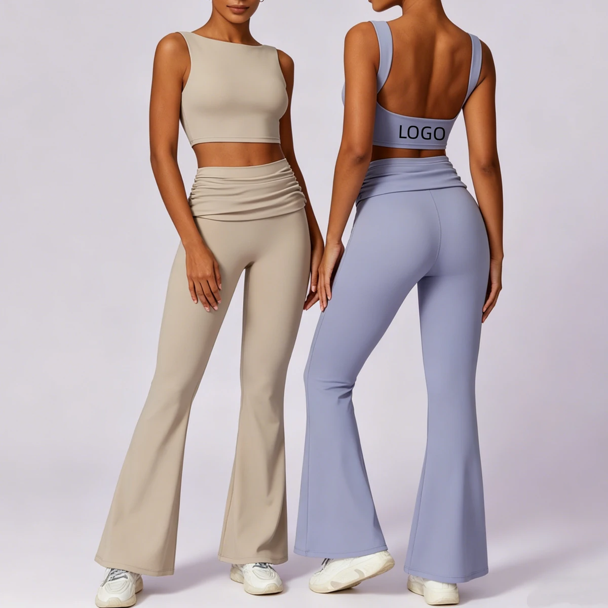 Quick Dry Sleeveless Yoga Sports Suits for Women 2-piece Workout Gym Crop Top Flared Pants Fitness Sets