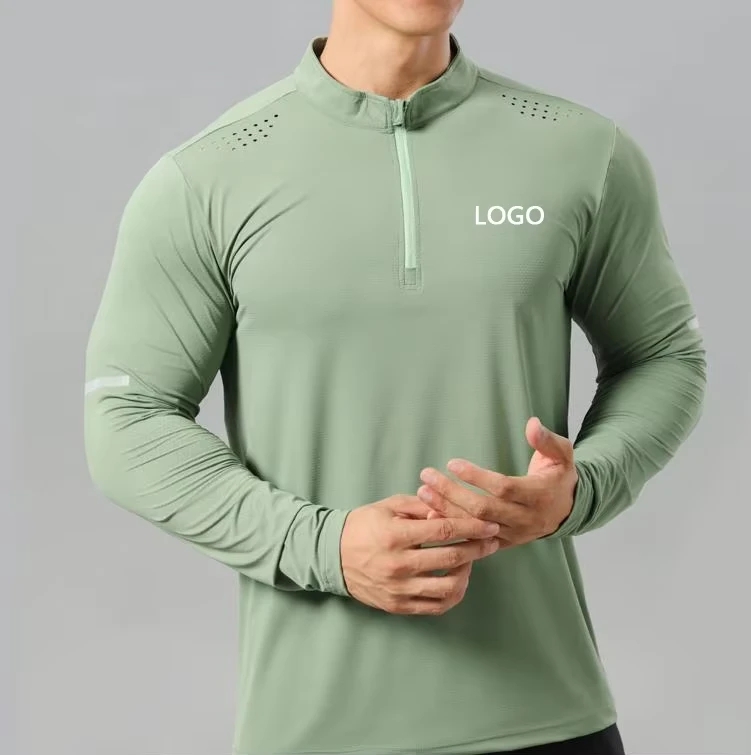High Elastic Breathable Quick Dry Reflective Print Nylon Long Sleeves 1/4 Zipper Running Gym T-Shirt Custom Men'S Active Tops