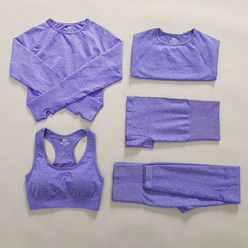 5 Piece Seamless Quick Dry Yoga Set Gym High Waist Sport Wear Summer Tracksuits Suit Women