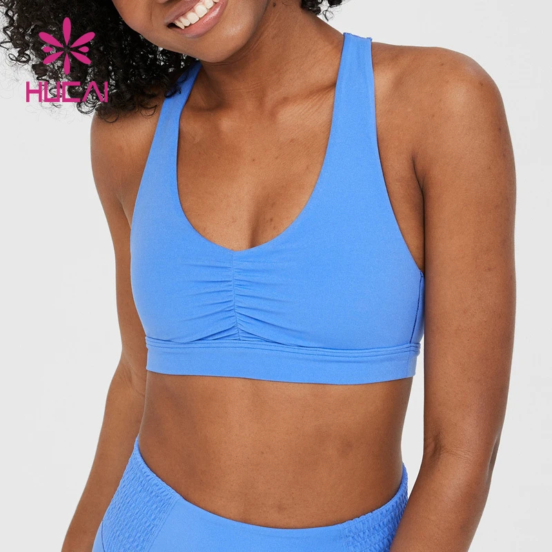 HUCAI Custom logo High Support U Neck Cross Back Scrunch Front Ruched Yoga Gym Top Sports Bra for Women