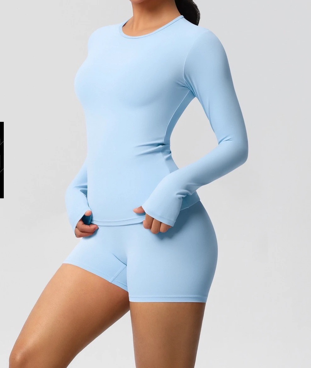 A32 New European American Two-Piece Female Yoga Suit Solid Color Skin-Friendly Sanding Tight Long Sports Running Fitness Gear