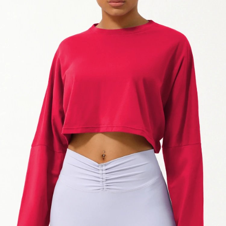Spring and Summer Yoga Clothes Top, Round Neck Loose Running Sports Long Sleeved Short Breathable Fitness Top for Women
