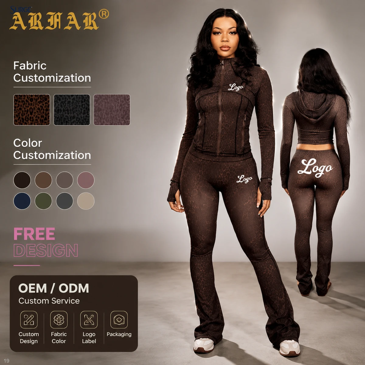 Custom Yoga Set Women 80 Nylon 20 Spandex Solid Hooded Zip Up Long Sleeve Crop Top High Waist Flared Pants Two Piece Yoga Set