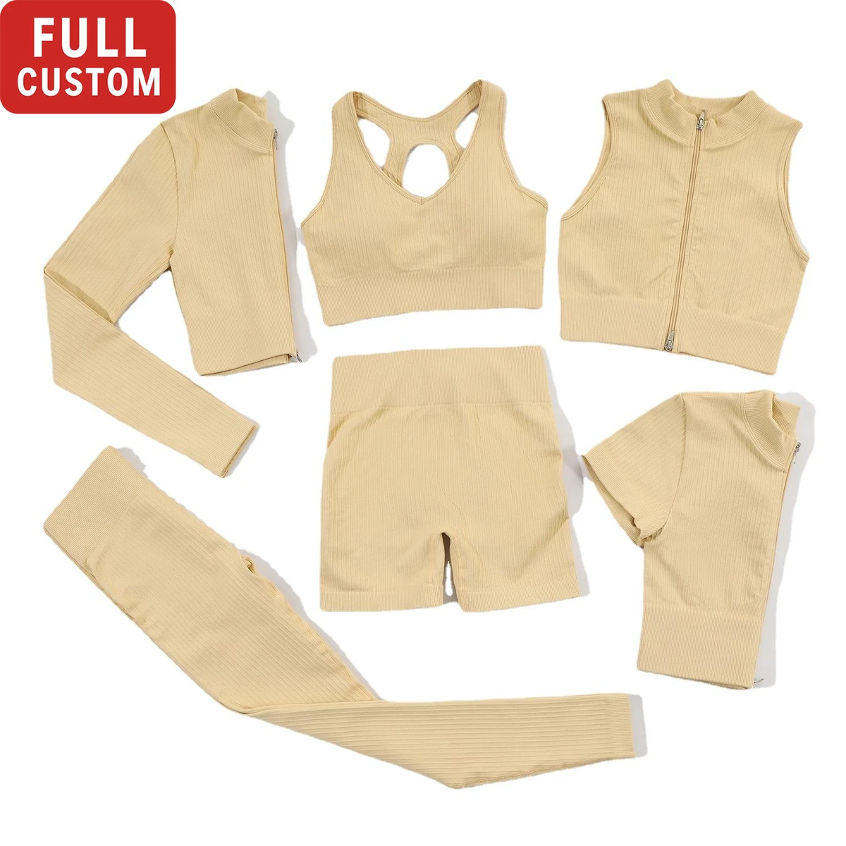 Custom logo Zipper Knitted Sexy High Waist Fitness Gym Female Workout 6pcs Yoga Sets Fitness Women