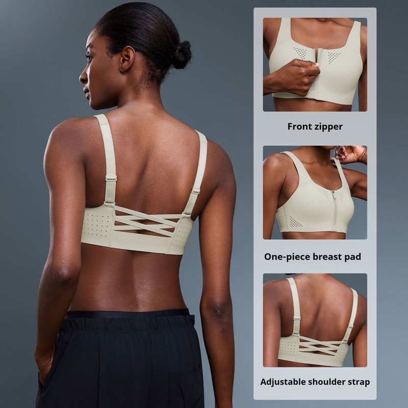 SHINBENE Women Zip Front Closure Sports Bra Medium Push up Wirefree Yoga Bras Racerback Workout Gym Top