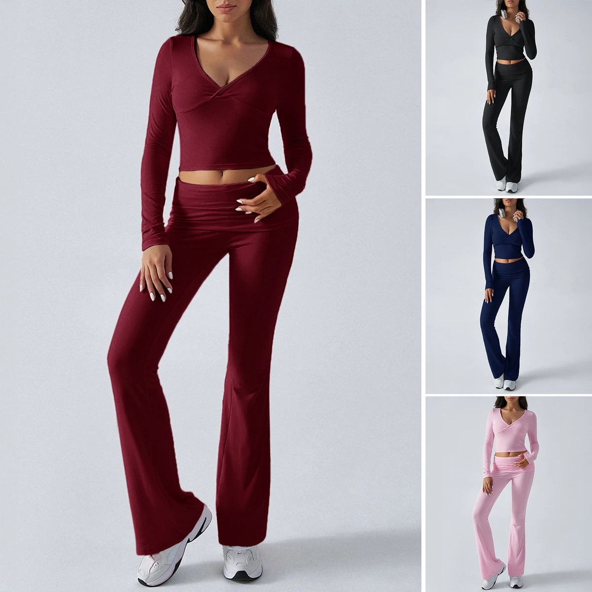 Hot Selling Women's Sport Yoga Fitness Set Women Low Rise Flare Leggings Fold Over Bootcut Leggings Ladies Comfy Workout Pants
