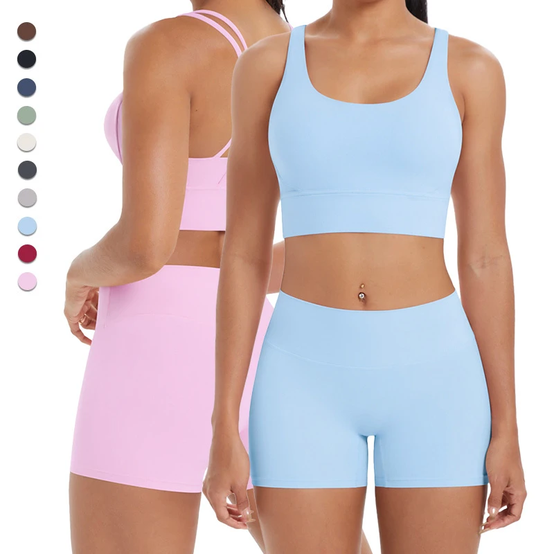 7113+7101 Women Yoga Set Sexy square Neck Bra Cross Strap High Waist Hip Lifting Stretchy Breathable Quick Dry Yoga Running Set