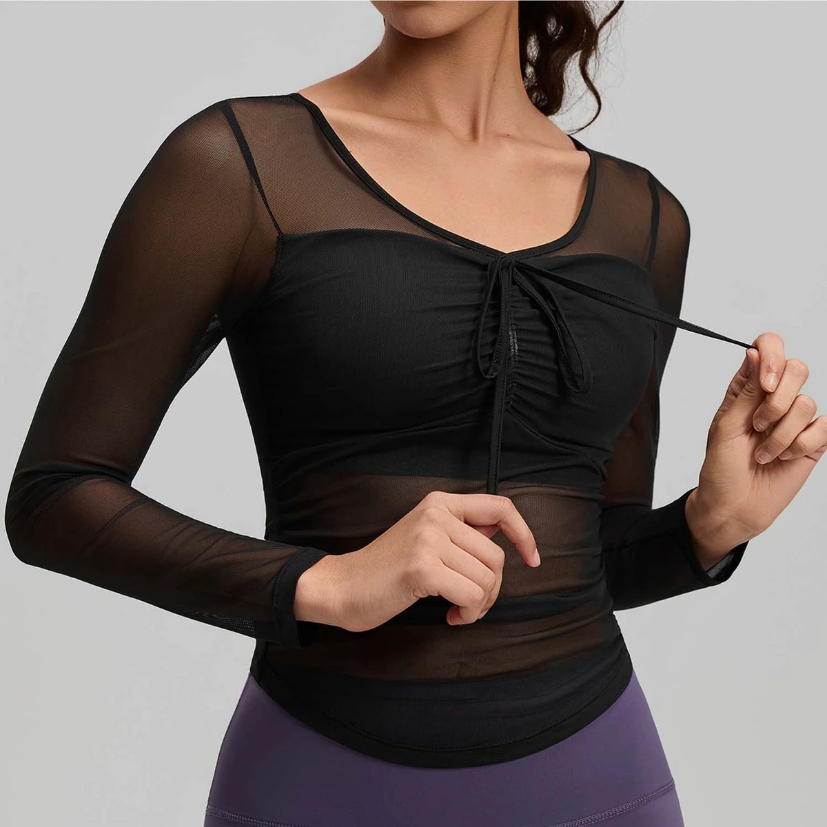 2026 New Style Mesh Spandex/Nylon Quick Dry Yoga Suit Long-sleeved Women's Slim-fit Fixed Cup Sports Fitness Top