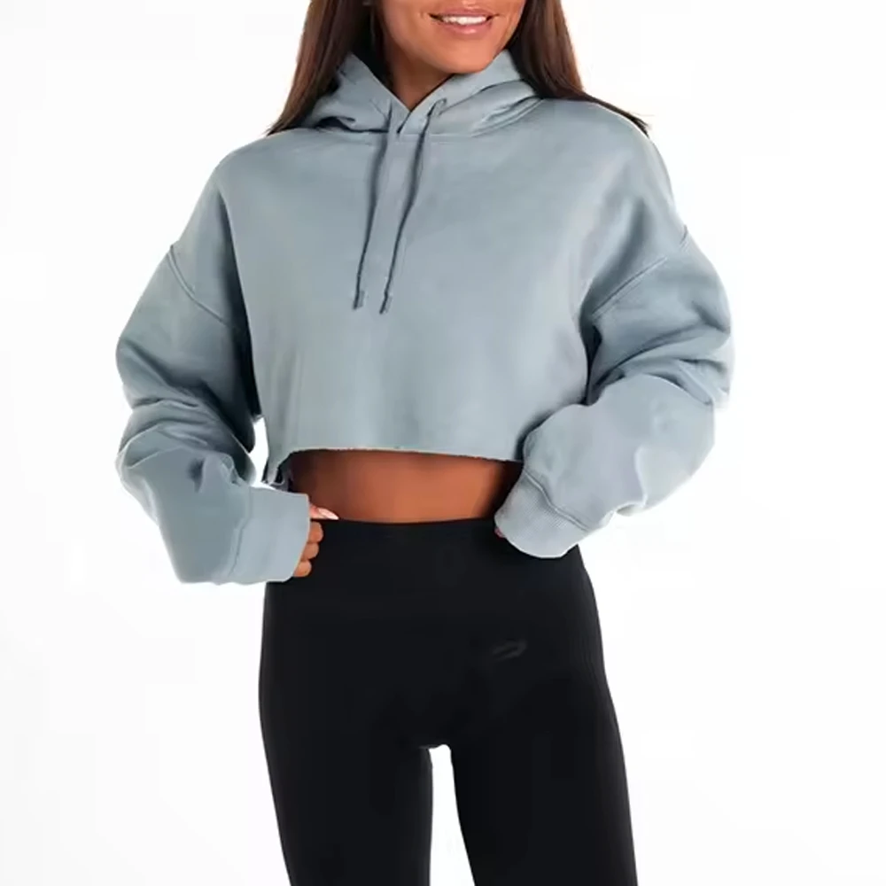 Wholesale Customizable Ladies Gym Hoodie Crop Tops Long Sleeve Fitness Sportswear Women's Plus Size Fashion Breathable Yoga Top