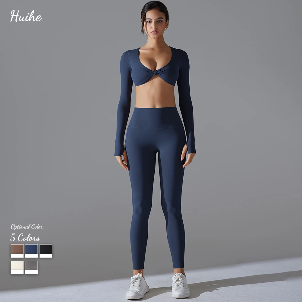 Women Long Sleeves Workout Outfit Sports Wear Push up Yoga Suits Scrunch Leggings Yoga Set Gym Fitness Set Run Clothes Tracksuit