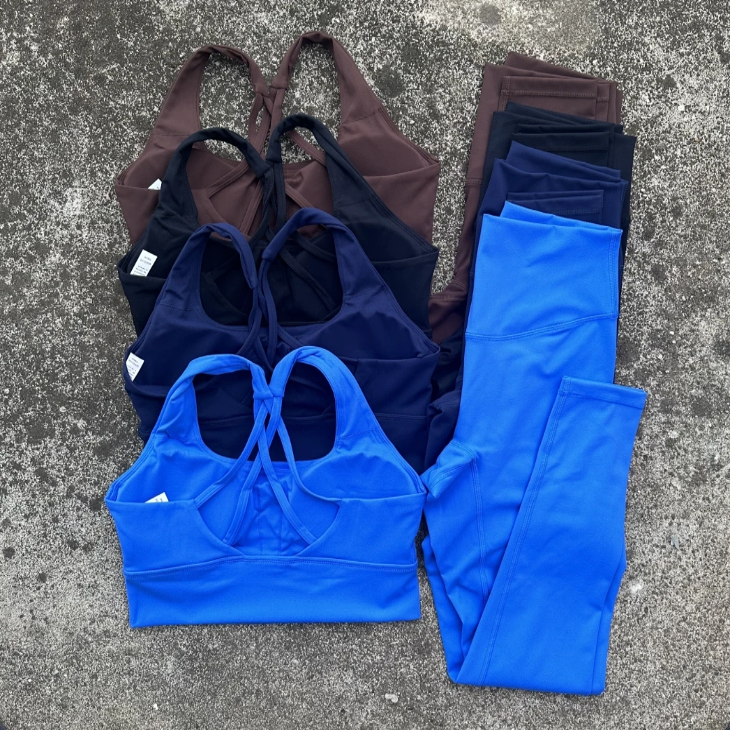 Solid Color Gym Yoga Set Fitness Suit High Waist Legging Cross Back Sports Bra Athletic Women 2 Piece Suit