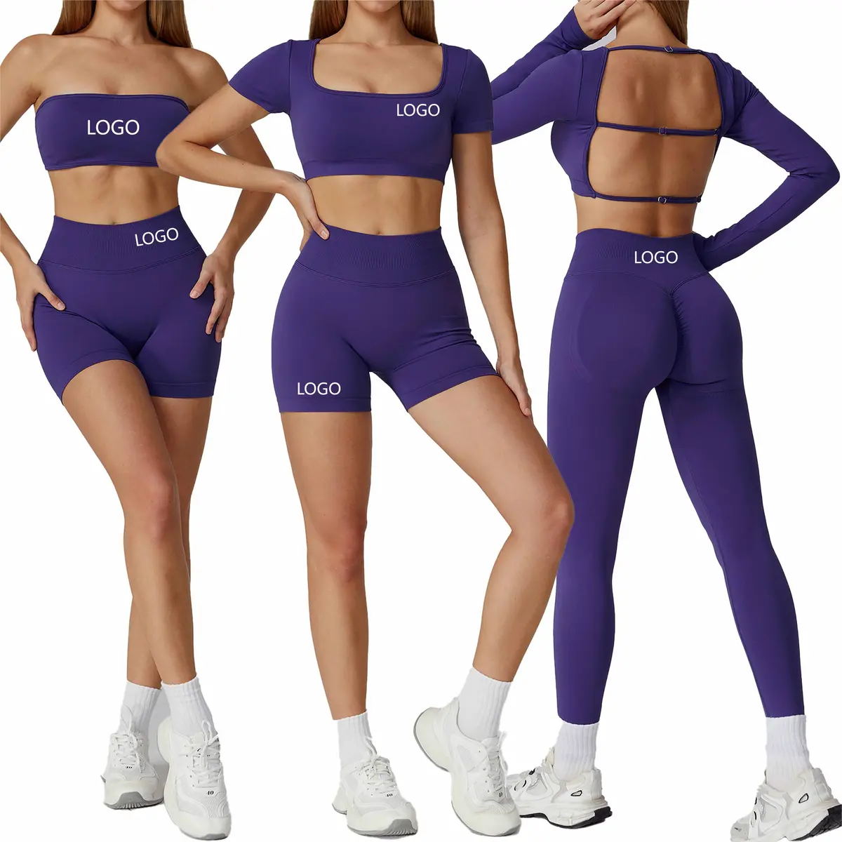 Custom Logo Seamless 5 Piece Quick Dry Yoga Sets Activewear Tight Sports Suit Workout Clothing Gym Fitness Yoga Set Women