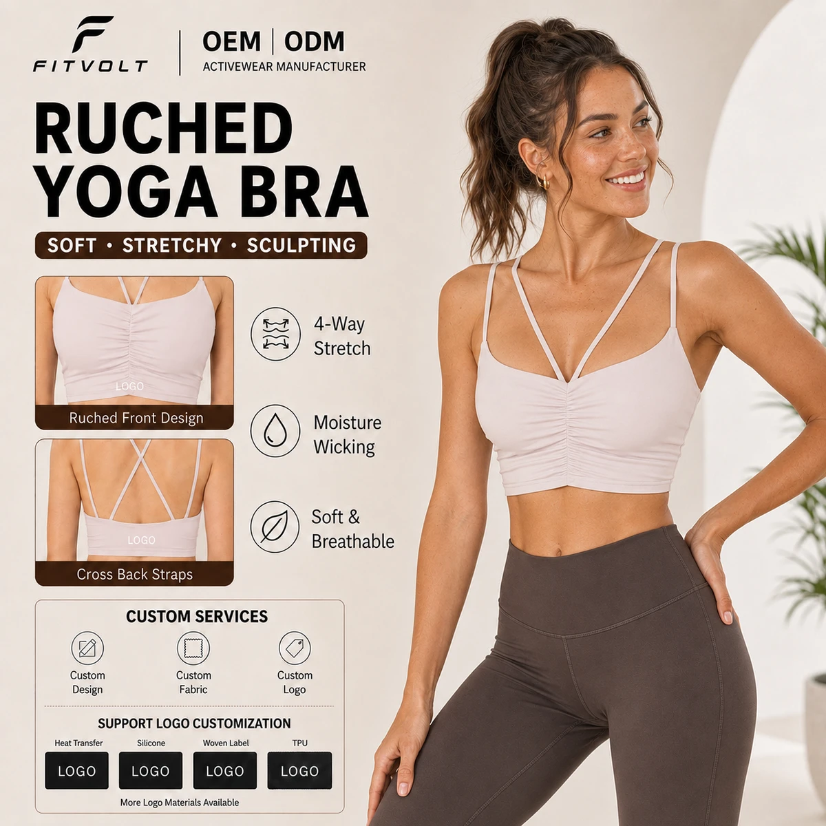 FITVOLT Wholesale Seamless Breathable Slimming Solid Strapless Ruffled Yoga Bra Women Front Logo Medium Support Gym Wear ODM OEM