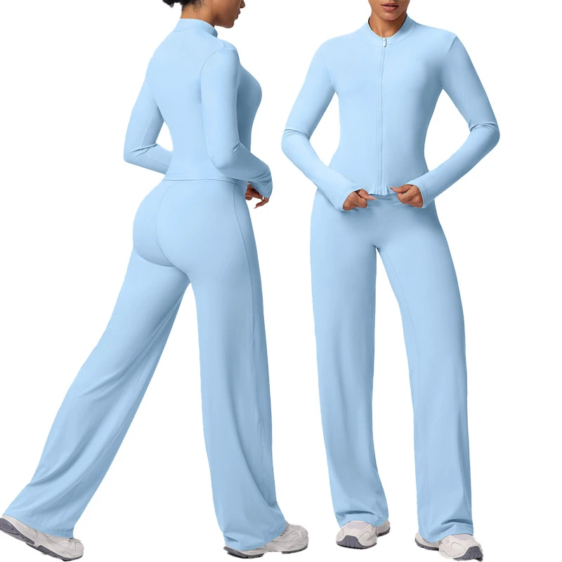 Women Solid Wide-leg 2 Piece High Waist Elastic Quick Dry Sports Lightweight Long Sleeve Full Zip Jacket Yoga Wear