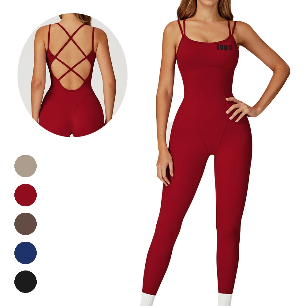 Double Straps Customization Strappy Cross Back Design Removable Padded Fitness Jumpsuit One Piece Workout Sports Jumpsuit