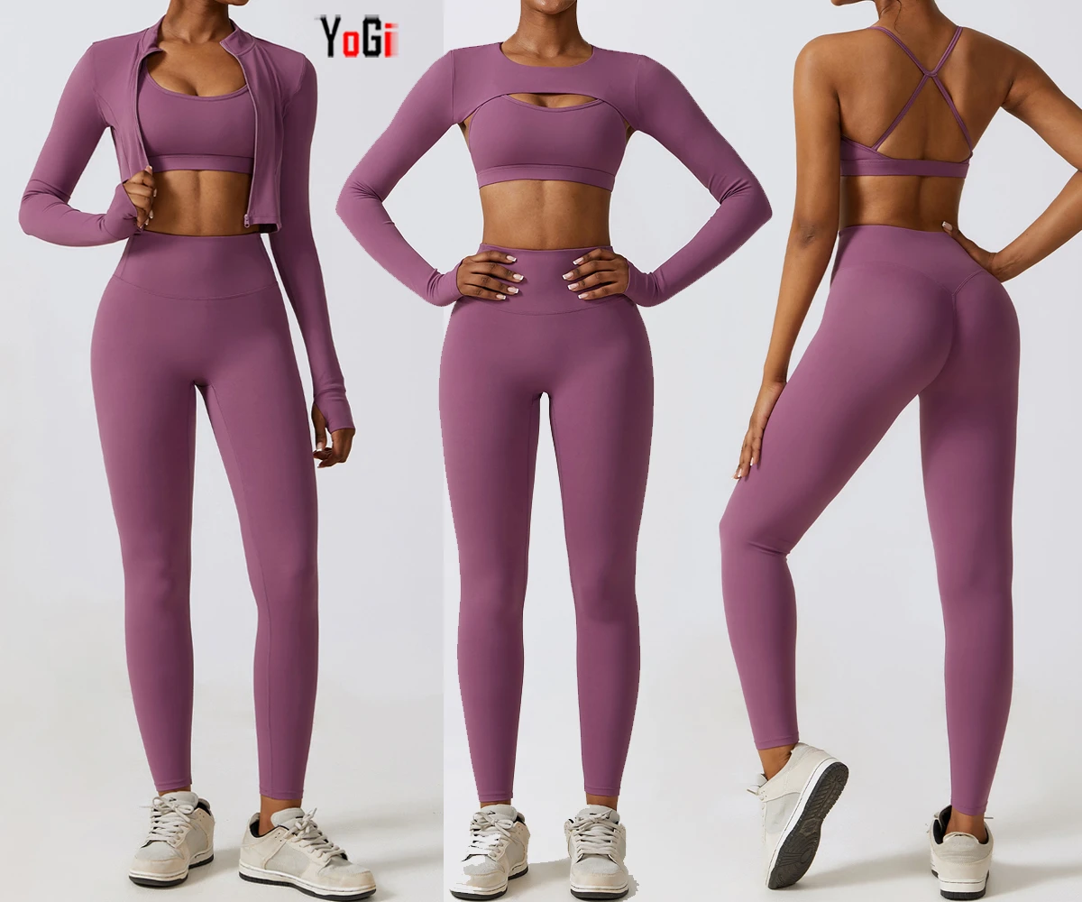 New Wholesale Fashion Lightweight Breathable Spring Yoga Wear 4-Piece Bra Shawl Jacket Leggings Gym Fitness Sets