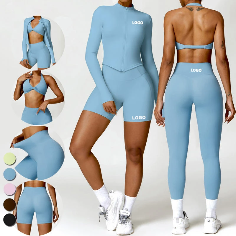 OEM Sportswear Tracksuit Fitness Yoga Slim Running Zipper Jacket Gym Scrunch Butt Shorts Bra Leggings 4 Piece Workout Sets