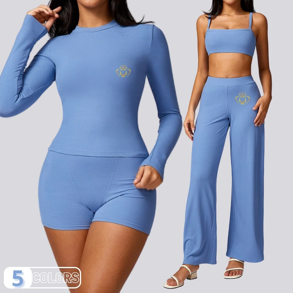 Sports Active Sets Bra Shorts and Wide Leg Pants 5pc Set Ribbed Quick Dry Workout Clothing Gym Fitness Set for Women