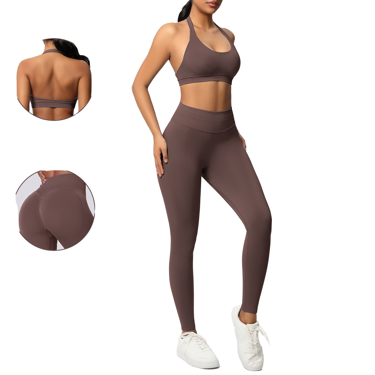 Women's Solid Yoga Suit 2 Piece Set Halter Crew Neck Seamless High-Waisted Nylon Spandex Breathable Active Stretch Butt