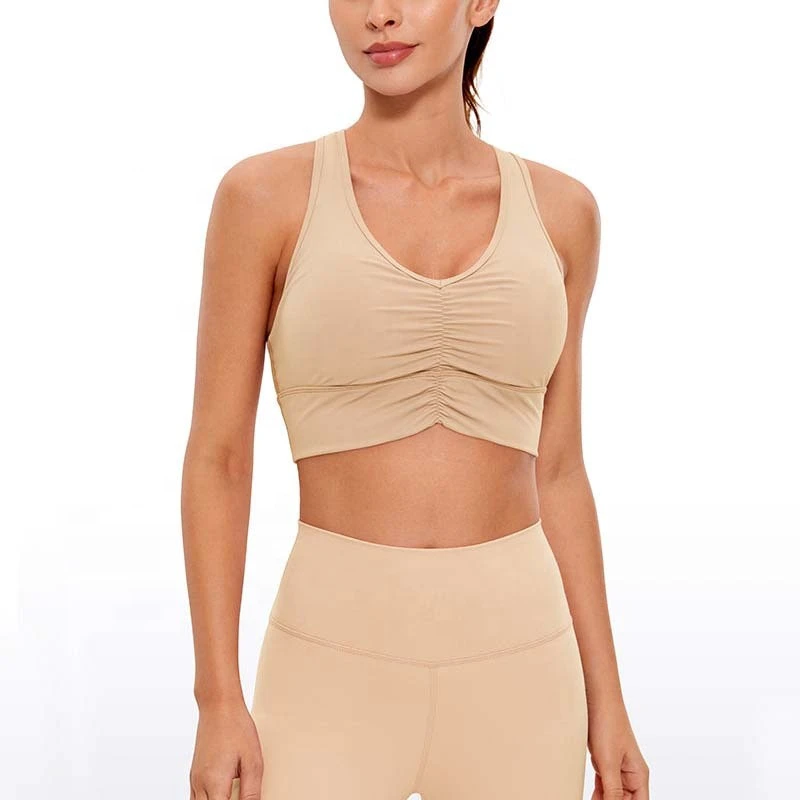 Custom Logo Ruched V-Neck Quick Drying 4-Way Stretch Breathable Padded Gym Yoga Top Sports Bra for Women