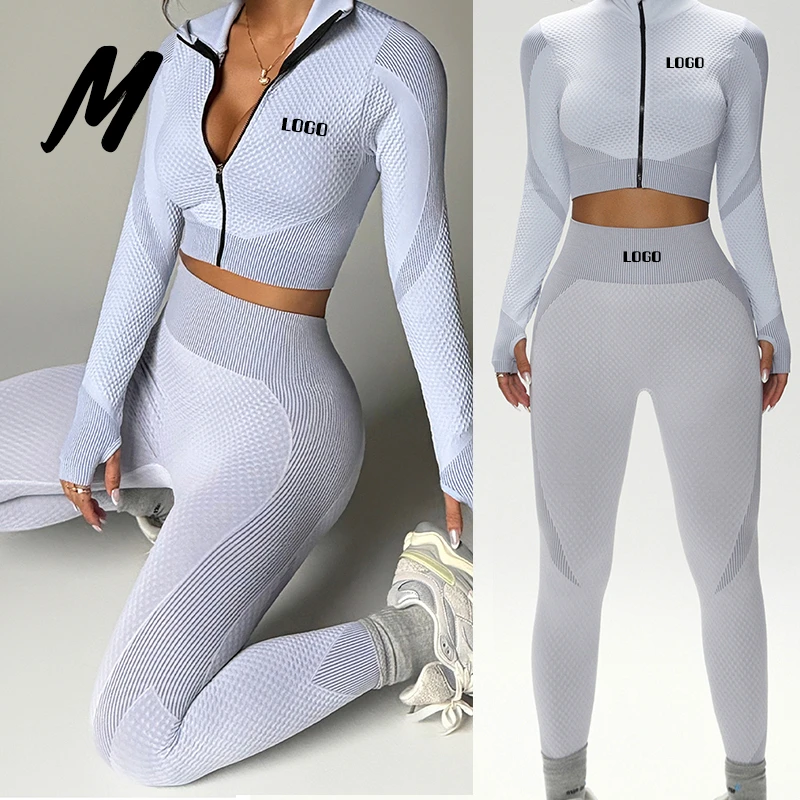 Quick-dry Long-sleeved Seamless Yoga Suit Fitness Yoga Clothes Crop Top Zip up Jacket Leggings 2 Piece Set Sportswear for Women
