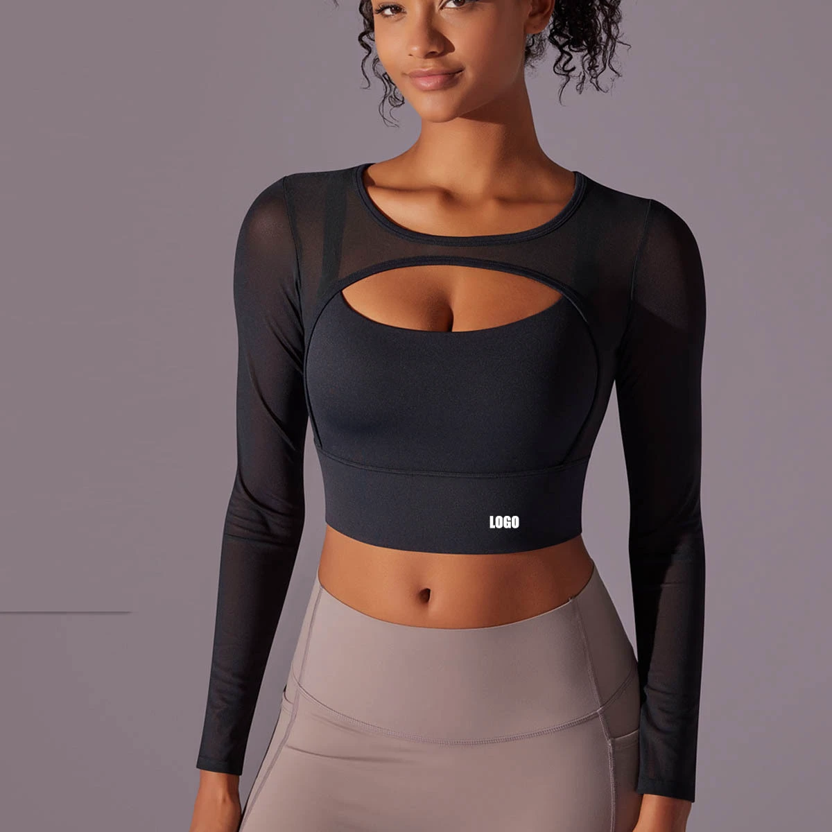 Custom Fall Sexy Transparent Mesh 2 in 1 Cropped Black Gym T Shirt Slim Fit Solid Breathable Long Sleeved Yoga Top for Women