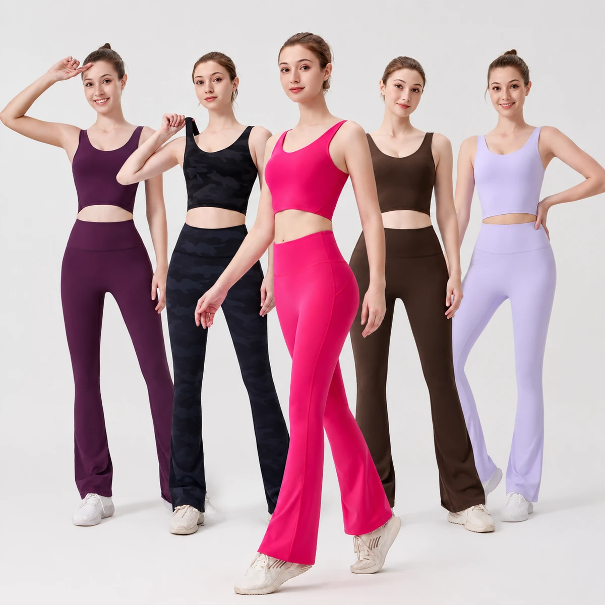 Half Zip Off-the-Shoulder Bra & Flare Pants 2-Piece Set Women Plus Size Eco-Friendly Gym Wear Seamless Breathable Light-Weight