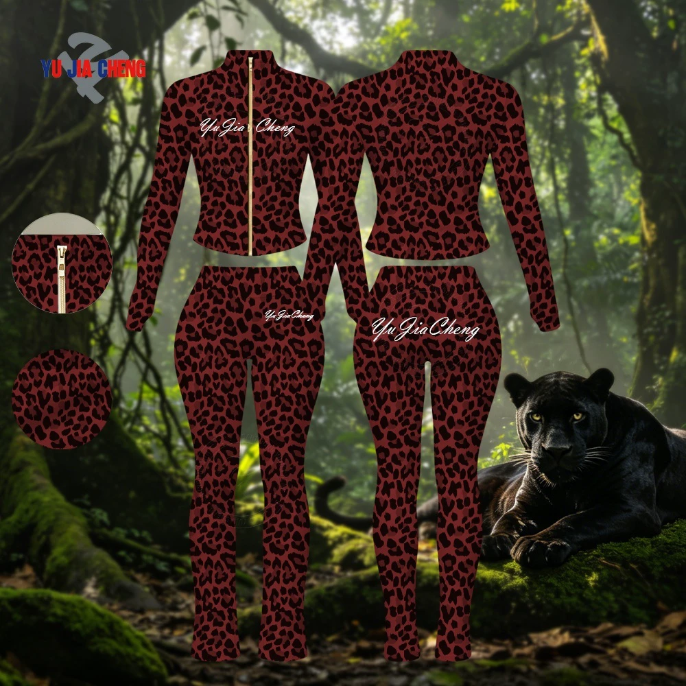 Gold Zipper Tracksuits Custom Cheetah Print Outfits 2 Piece Fitness Leopard Zip Up Yoga Top And High Waist Leggings Set Women