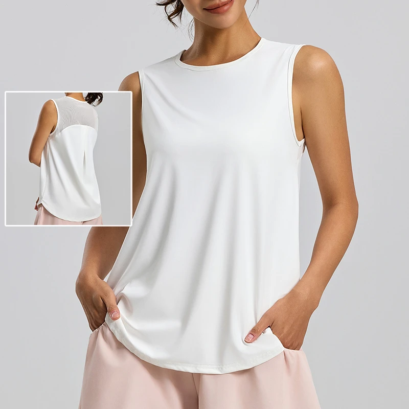 Summer Sleeveless Lightweight Yoga Vest Women Mesh Patchwork Loose Breathable T-shirt Fitness Running Training Sports Top