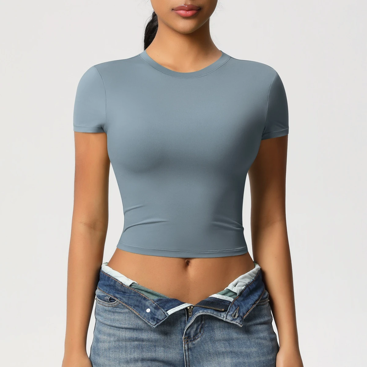 Cross-border Women's Double-sided Nylon Casual Tight Quick-drying Solid Pilates Top Yoga Clothes Short-sleeved Running Fitness