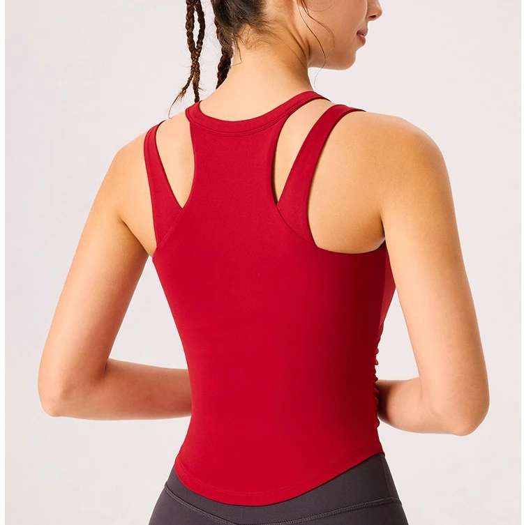 Ladies Double Layer Fixed Shockproof Yoga Sports Top Two Sides Wrinkle Workout Tank Top Fitness Pilates Tops