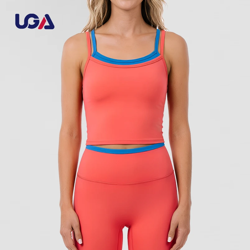 Breathable Quick Dry Slim Fit High Waist Contrast Color Double Layer Front Scoop Neck Tank Crop Top 2 Piece Yoga Set