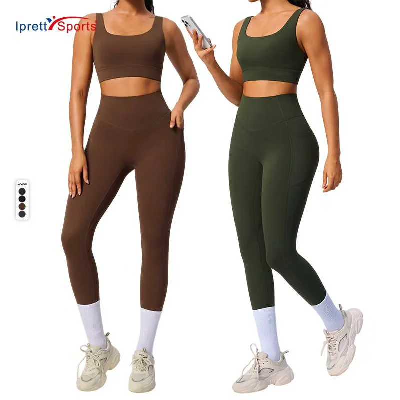 Super Hot Fitness Wear Women Yoga Pants High Support Sports Bras Set Tummy Control High Waist Workout Yoga Leggings with Pockets