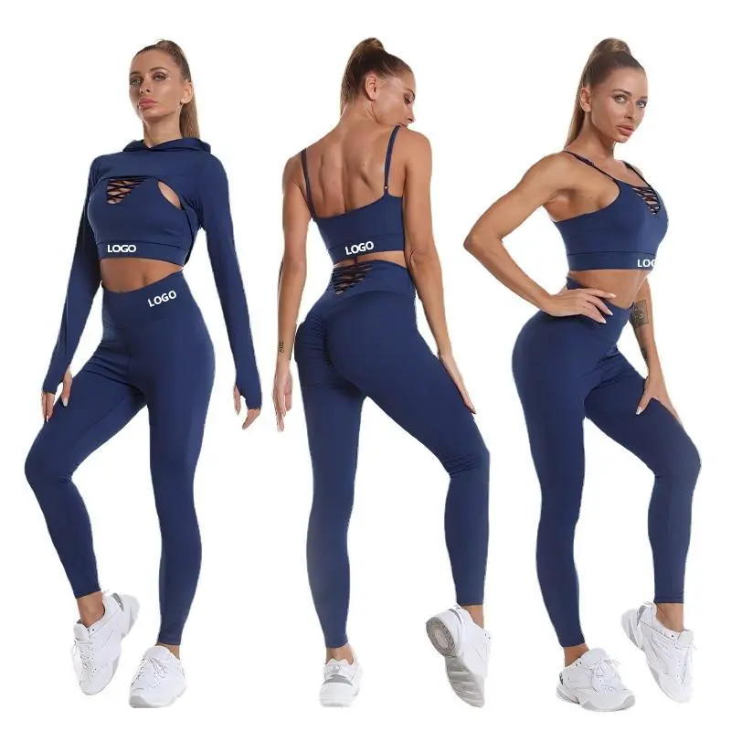 Custom Logo Women's 3-Piece Gym Set, Quick-Dry Nylon Workout Suit, Yoga Fitness Sportswear, Activewear Training Outfit