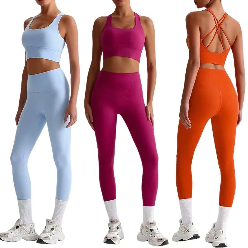 High Quality 2-Piece Yoga Set Includes Strapless Sports Bra Elastic Waist Breathable Solid Pattern Fitness Yoga Front Logo