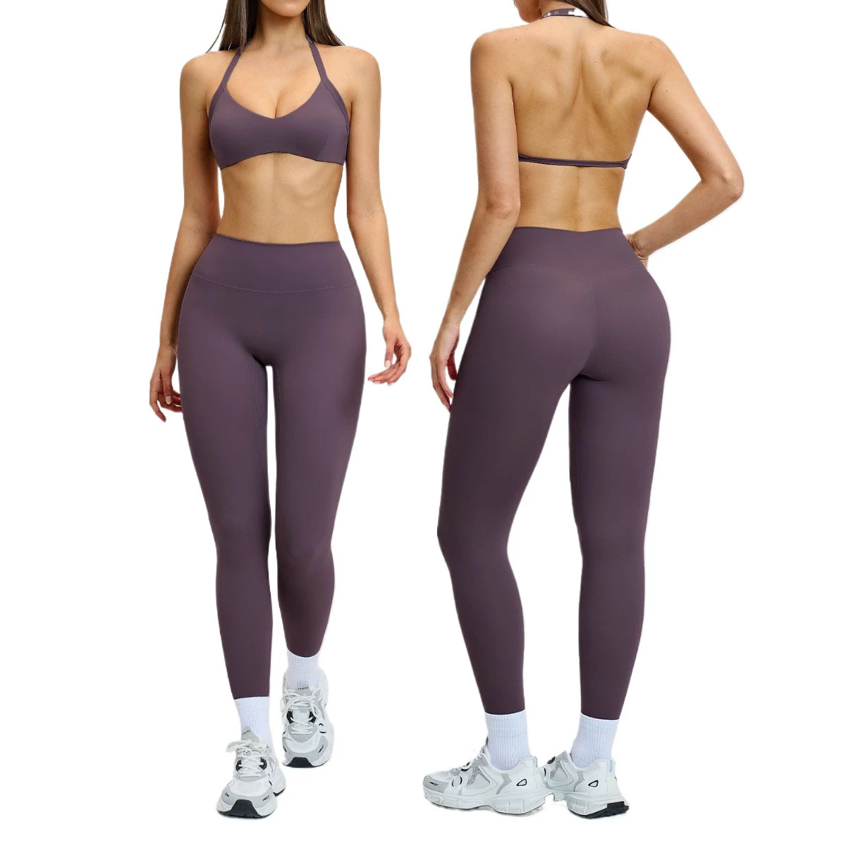 Women's Solid Yoga Set Nylon Sweat-Wicking Breathable Four-Way Stretch Quick Dry V Neck Sexy Halter Bra Legging Set