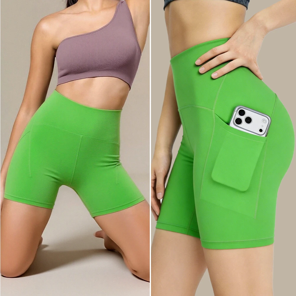 Women's Athletic Yoga Shorts Nylon Spandex Breathable Quick Dry Side Pocket Running Training Shorts MOQ