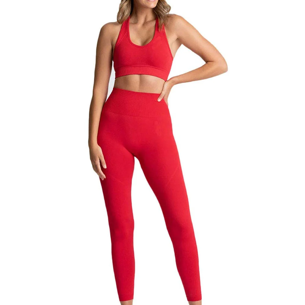 Red 2 Piece Yoga Set Women Mid Waist Leggings Racerback Crop Top Seamless Solid Color Breathable Fitness Wear Full Length Sport