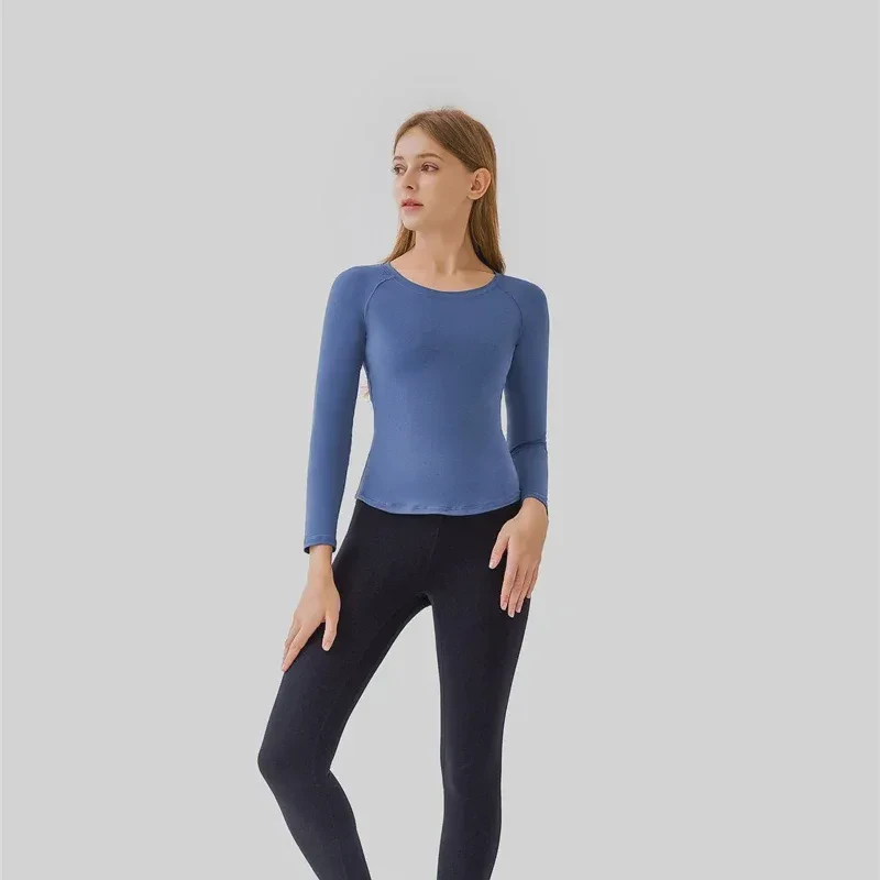 Women's Yoga Tops Seamless Four-Way Stretch Crew Neck Long Sleeve Breathable Athletic Shirts Spandex/Nylon Slim Fit