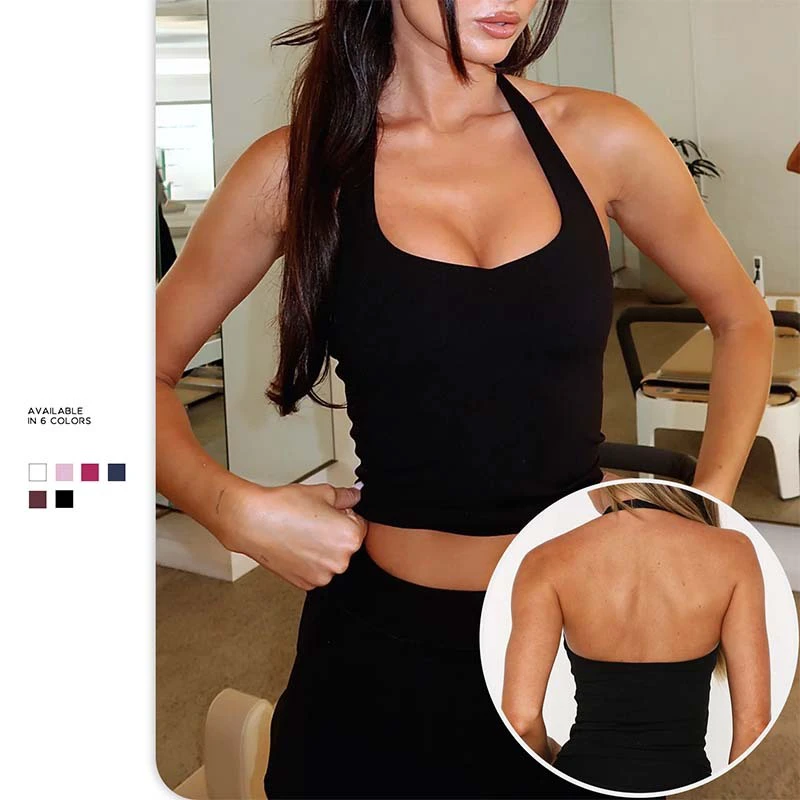 Halter Neck Yoga Sports Outfit Back Showing Quick Drying With Removable Cups For Running Fitness Tank Top