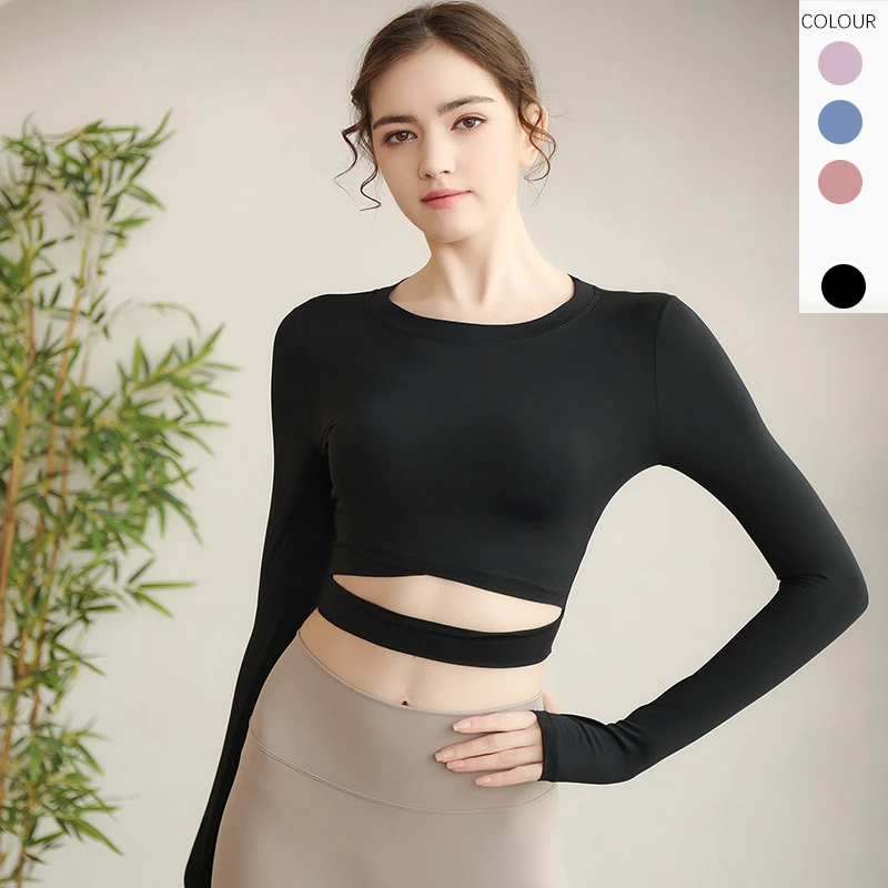 Women's Tight Sports Training Yoga Tops Round Neck Thermal Long Sleeve Belly Hollow Out Shirt With Thumb Hole Cropped Top