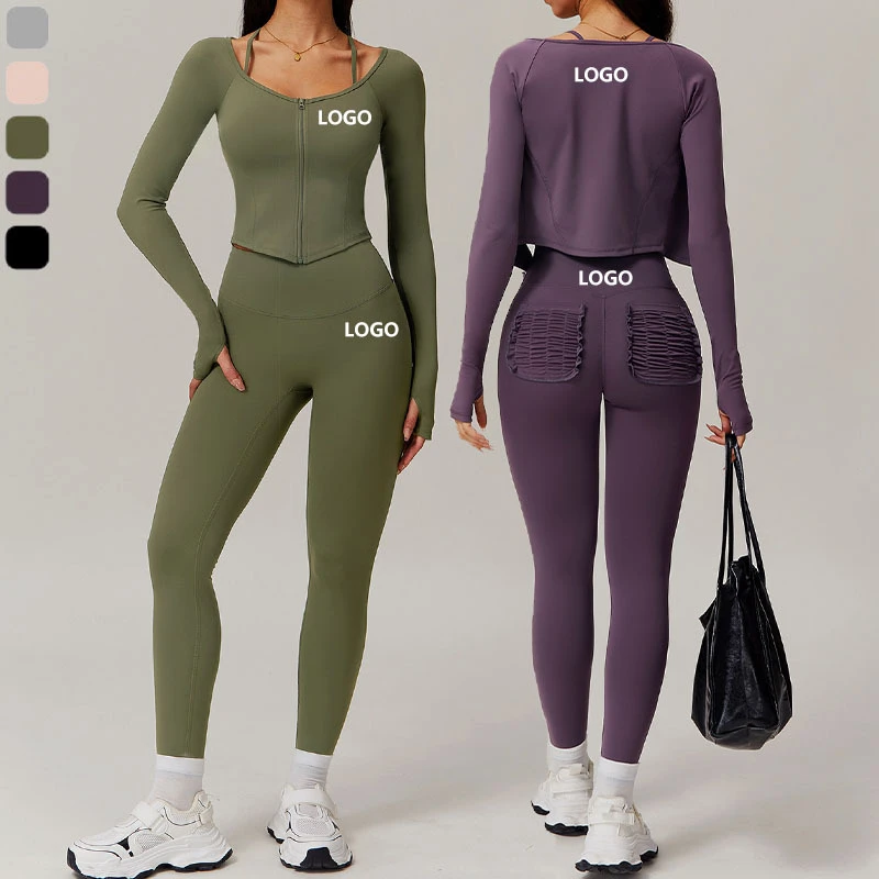 Scrunch Butt Gym High Waist Leggings Pocket Zip Yoga Jacket Sports Two Piece Fitness Workout Sets for Women