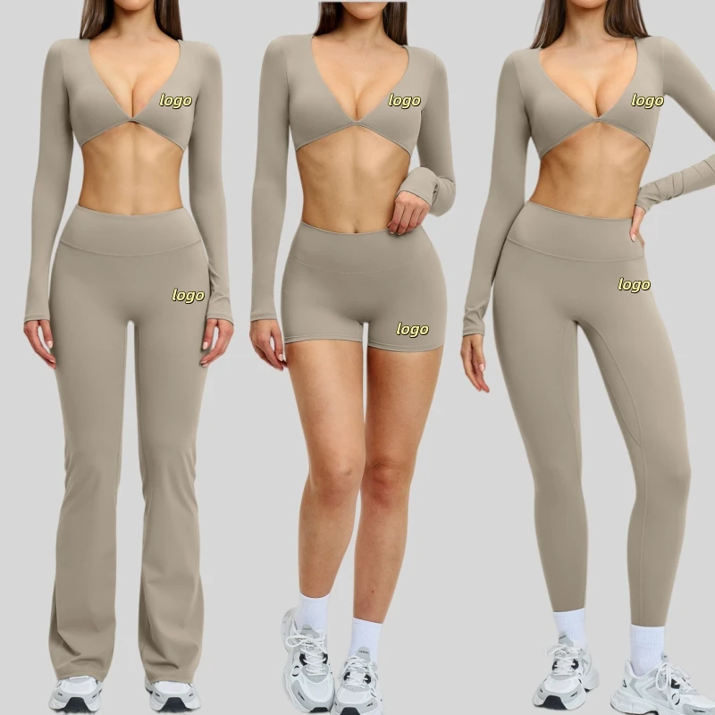 New Style v Neck Sexy Long Sleeve Crop Tops and High Waist Yoga Legging Gym Women Sportwear 2pieces Fitness Wear Suits