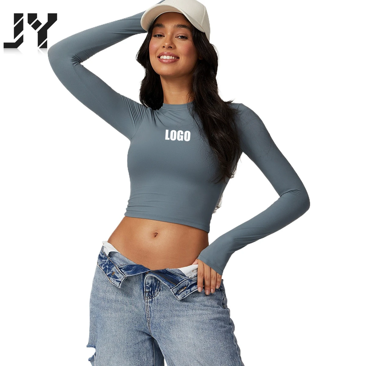 JY Custom LOGO Women's Spandex/Nylon Knit Tight Sports T-Shirt Quick-Drying Yoga Pilates Running Fitness Long-Sleeved Top